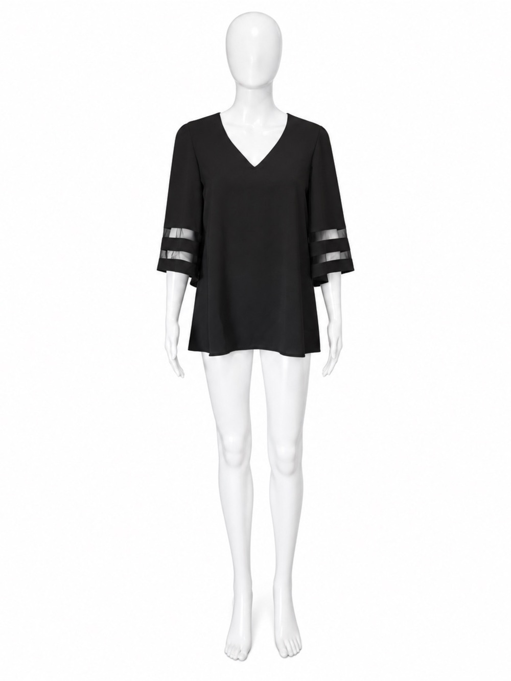 V-Neck Black Bell Sleeve Tunic with Sheer Stripe Detail